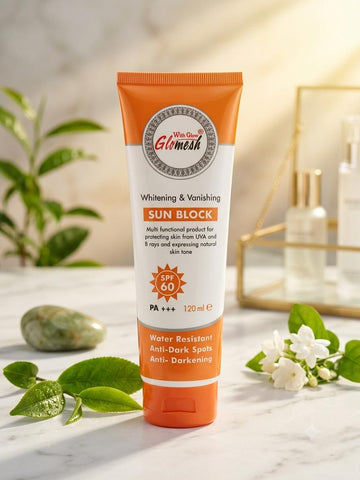 Glomesh Whitening & Vanishing Sun Block SPF 60 PA+++ – 120ml | Water Resistant Sunscreen